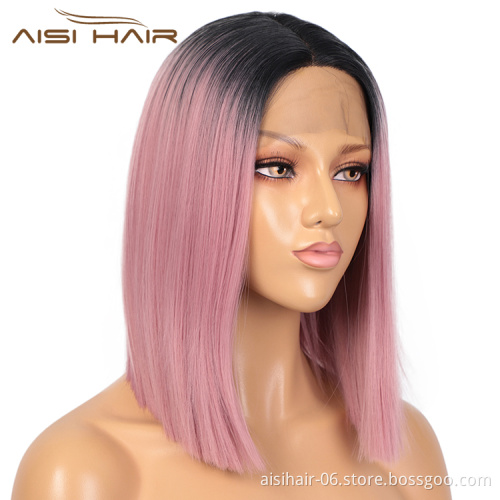 Aisi Hair Wholesale Short Ombre Pink Dark Root Bob Wig Swiss Lace Wig Cosplay Synthetic Lace Front Wigs For Black White Women